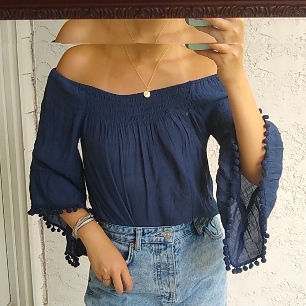 Unique Spectrum Navy Blue Long Sleeve Bardot Top